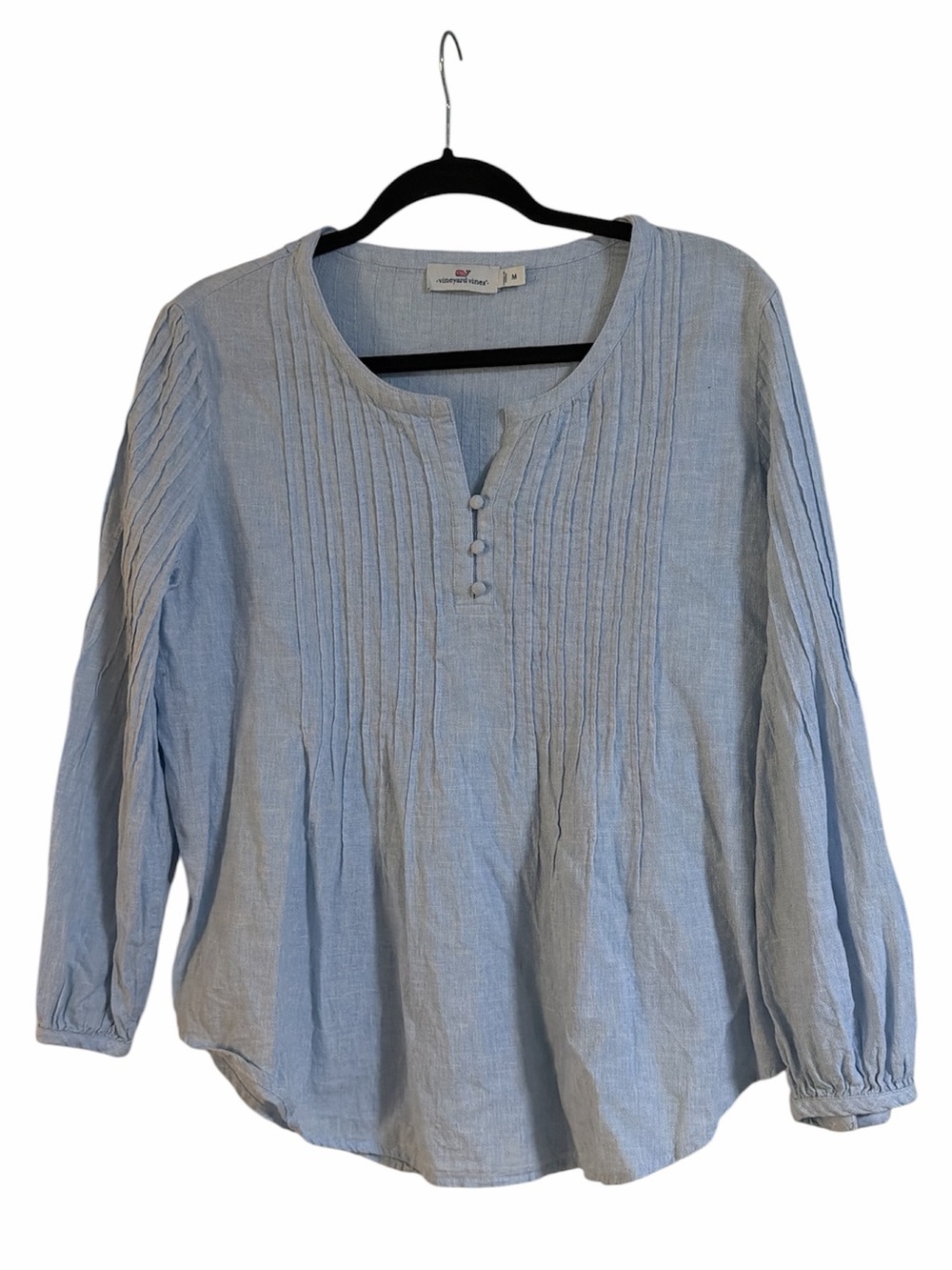 Cotton Chambray Vineyard Vines Light Blue Pintuck Henley Blouse